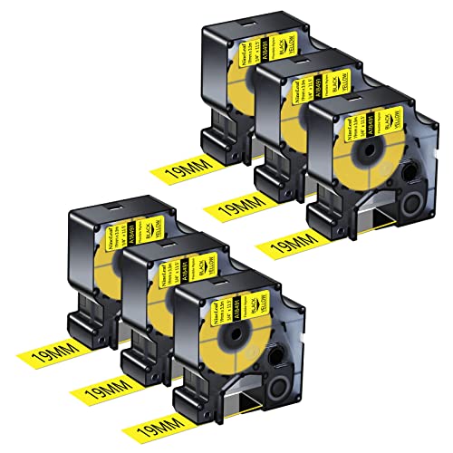 NineLeaf 6 Pack Replacement for Dymo 18491 A18491 19mm x 3.5m 0.7'' 3/4 inch Black on Yellow Flexible Nylon Industrial Label Tape for Rhino 4200 6000 ILP 219 3M PL150 PL300 Tyco T107M Label Maker