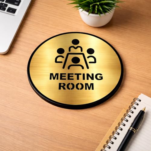 Image of Premium Brush Steel Gold Finish Acrylic Meeting Room Door Sign Easy to Mount Self-Adhesive Tape Signage for Hotel Office Resort Society Corporate Business Hospital