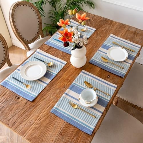 Set de table rayé rectangulaire durable en coton lin antidérapant pour table à manger - 5