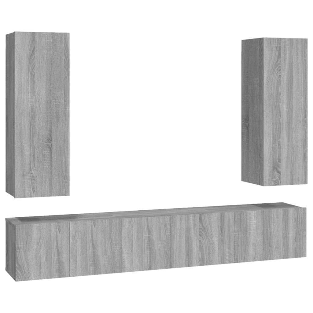 5-TLG. TV-Schrank-Set Grau Sonoma Holzwerkstoff, Hängendes Lowboard für Wohnzimmer, Modernes Media-Center mit Viel Stauraum, Robust & Feuchtigkeitsbeständig