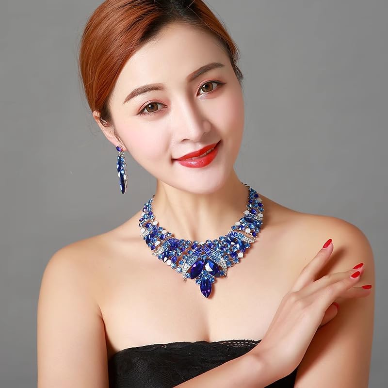 Rhinestone Crystal Rib Statement Necklace Earrings Charming Spark Chunky Collar Necklace Earrings Set Women Fashion Jewelry Accessories - Image 2