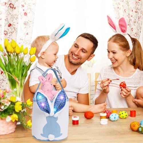 TaimeiMao Osterkorb Taschen Kinder,Plüschkorb Osterhase zum Befüllen,Osterhasen Korb mit LED Große Ohren,Plüschkorb Osterdeko für Befüllen Süßigkeiten Ostereier