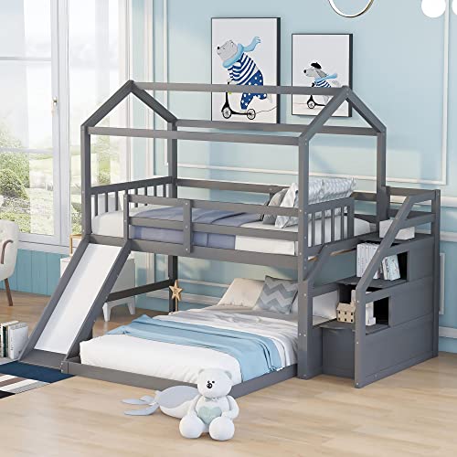 Harper & Bright Designs House Bunk Beds with Slide and Stairs Twin Over...