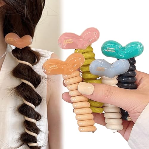 4個入り ダメージレス ソフト 伸縮性 スパイラルヘアタイ ツイストヘアワイヤーコイルヘアタイ カラフルな電話コードシュシュ ポニーテール用 太い髪用 ポニーテールホルダーアクセサリー 女性&女の子用(D)