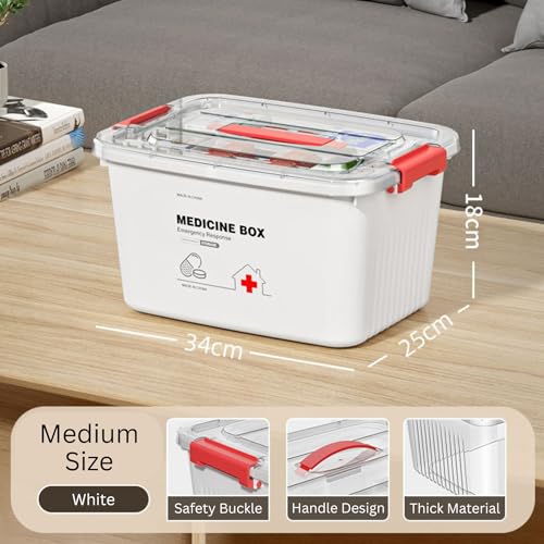 Image of HoopVool Clear Plastic Medicine Storage Box Organizer, Family Emergency Kit Portable Lockable Container for, Art Craft and Cosmetic Household Organizer (White, Medium)