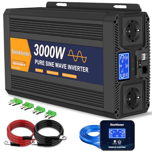 Inversor Starkbaer de 3000 W/6000 W, convertidor de Voltaje de Onda sinusoidal Pura de 12 V a 230 V, para Coche, con Pantalla LCD, Control Remoto, 2 enchufes de CA de la UE