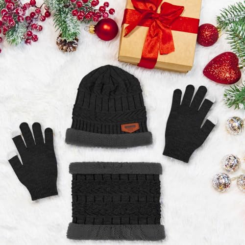 Flintronic Wintermütze, Schal und Touchscreen Handschuhe Set - Fleece-Innenfutter Warm Beanie Mütze für Herren & Damen - Elastische Mütze mit Rundem Schal