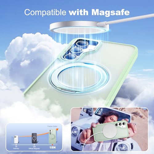 Image of for Samsung Galaxy S24 FE Case with 360 Rotatable Magnetic Ring Stand Compatible with Mag-Safe Military Protection Shockproof Matte Translucent Phone Cases for S24 FE,Green