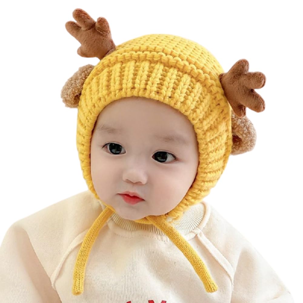ZioryBeanie Knitted Deer Horn Designed Cap - Yellow (6-12months)