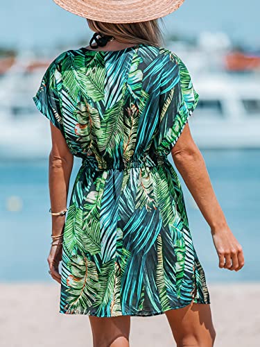 Image of CUPSHE Women's Swimsuit Coverup Casual V Neck Beach Dress Short Sleeve Elastic Waist Swimwear Cover Ups 2026 Beachwear
