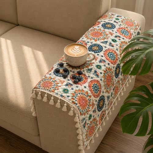 Image of Homerz Premium Printed Quilted Velvet Sofa Slip Cover Protector with Tassels, Sofa Mat, Exact Size, Antislip Cover (Mosaic, 2 pc Armrest, Armrest)