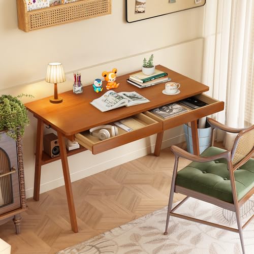 100% Solid Wood Writing Desk - 47.2 Mid Century Modern Desk Home Office Desks with 2 Drawers and Storage Shelf Small Computer Desks Study Makeup Workstation for Bedroom/Living Room Walnut