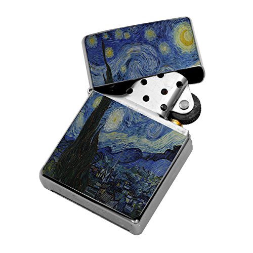 Encendedor plateado Starry Night Van Gogh recargable cortaviento miniatura 1