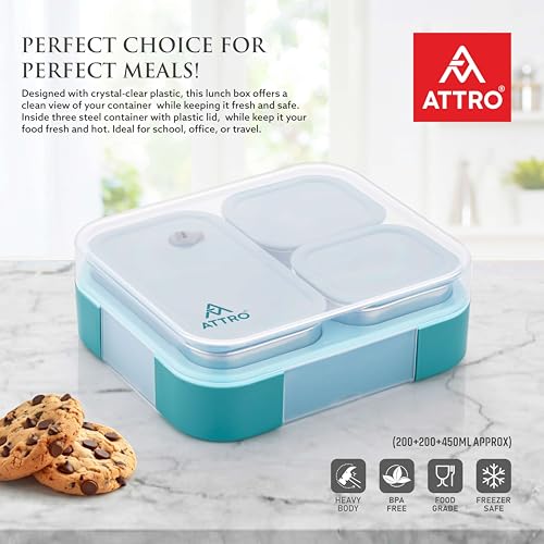 Image of ATTRO Admire 3 Compartment Stainless Steel Lunch Box BPA Free, Durable & Lightweight, Easy to Carry, Compact Design Ideal for School, Office, College & Travel-Aqua Blue- 800ml