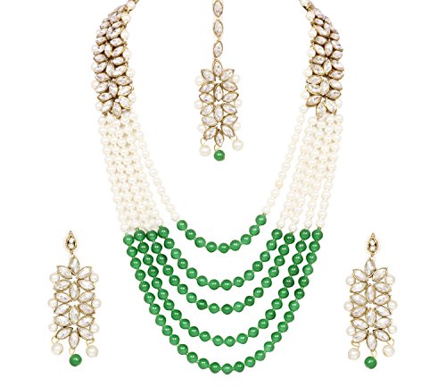 Ratna creation Women's SANARA Indian Traditional Antique Gold Pearl Green Long Strand Necklace & Earring Bollywoood Wedding Jewelry Set Green