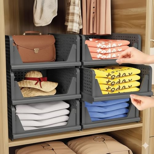Image of mechdel Stackable and Foldable Wardrobe Storage Basket BIG SIZE- (Grey, 6)