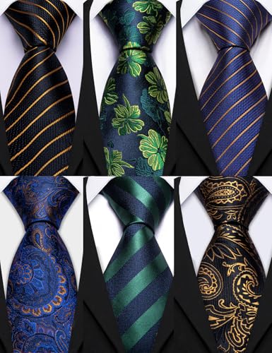 Image of Barry.Wang Mens 6 PCS Ties Silk Striped Paisley Check Floral Necktie Silky Woven Wedding Business Party Ties 3.34 inch