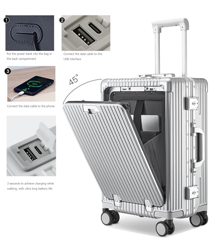 feilario 20in Aluminium Frame PC Hard Shell Spinner Wheels Luggage, Built-In TSA lock Carry on Suitcase, with Cup Holder, USB Port, Phone Holder4