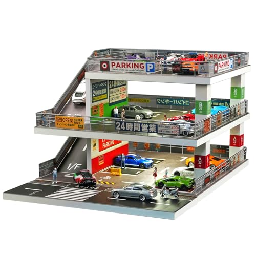 kivcmds Display Case for Hot Wheels and Matchbox Cars,Lighted Scene Parking Garage Diorama for 1/64 Diecast Model Cars,Toy Car Trucks Storage Garage (Light Gray)