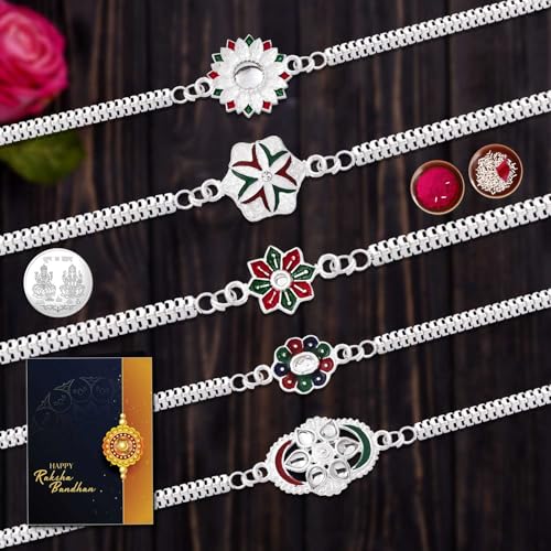Image of Oblivion Mixed Style Meena Rakhi Combo for Brother with Chocolate, Silver Colour Pooja Coin, Tilak Set and Greeting Card for Raksha Bandhan