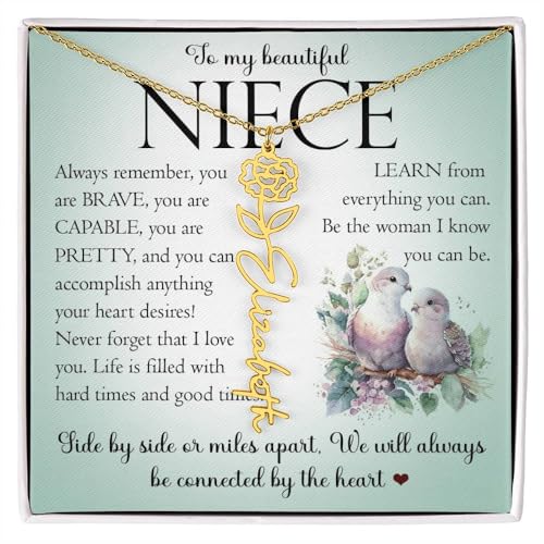 Personalized Niece Gift From Aunt, Birth Flower Name Necklace with Gift Box, Customized Floral Pendant Jewelry Keepsake for Women, Birthday Month Necklace for Christmas Graduation Gift