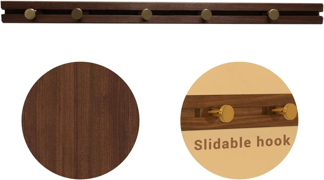 Wall Mounted Coat Hooks, Entryway Hanging Coat Rack, Wood Coat Rail with 5 Vintage Brass Hooks for Coat, Scarf, Bag, Towel, Key, Cap, Hat (Black Walnut Wood)