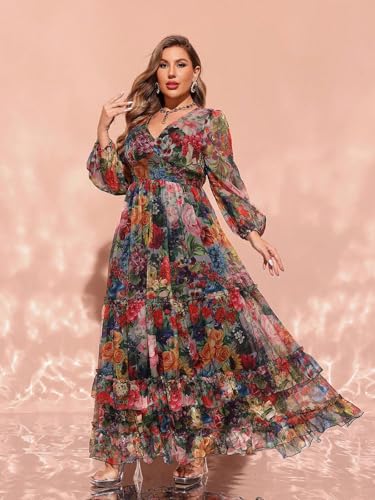 Image of Spring Summer 2024 Plus Size Womens Dresses V Neck Casual Elegant Long Sleeve Floral Print Maxi Dress