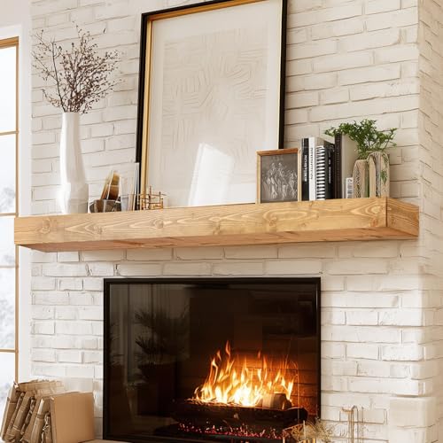 ABSWHLM 56x8x3in Rustic Fireplace Mantel Pine Wood, Natural Wood