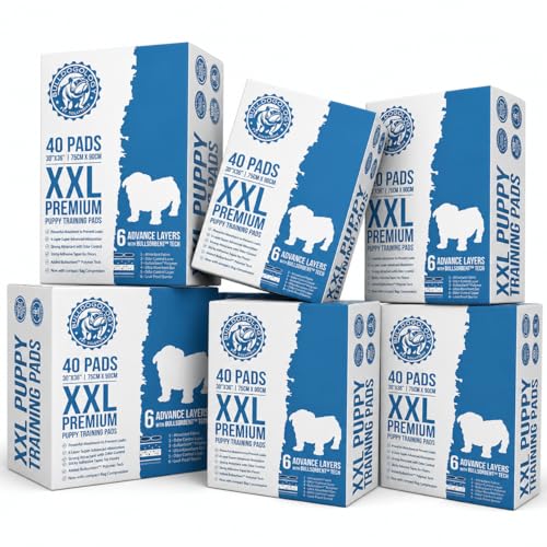 Image of Bulldogology Premium XXL Puppy Pee Pads with Adhesive Sticky Tape Extra Large Dog Training Wee Pads 6 Layer Absorbent Bullsorbent Technology White 240 Count 30 x 36