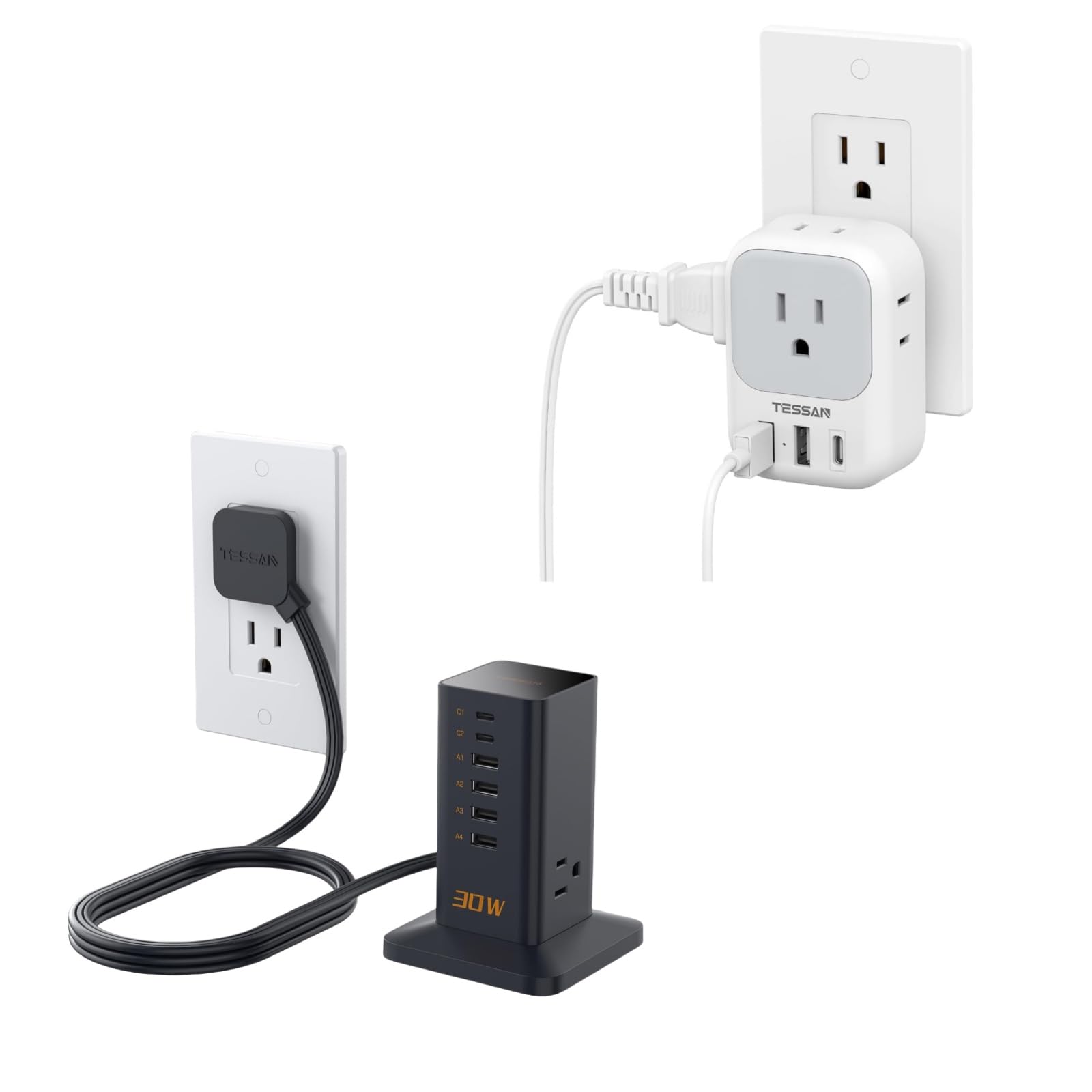 TESSAN USB C Chargers Bundle, USB Plug Adapter with Mlutiple Outlets, Multi Charging Station for Bathroom, Office, Dorm Room Essentials
