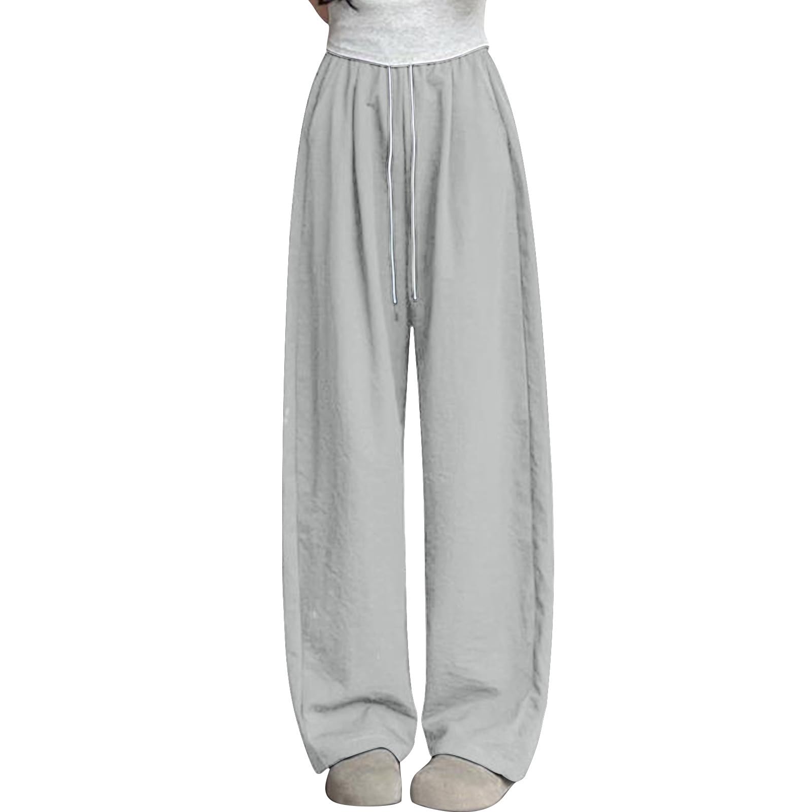 Womens Baggy Wide Leg Pants Stretch High Waist Lounge Pant Summer Casual Comfy Workout Sports Trousers with Pockets(Khaki,Large)