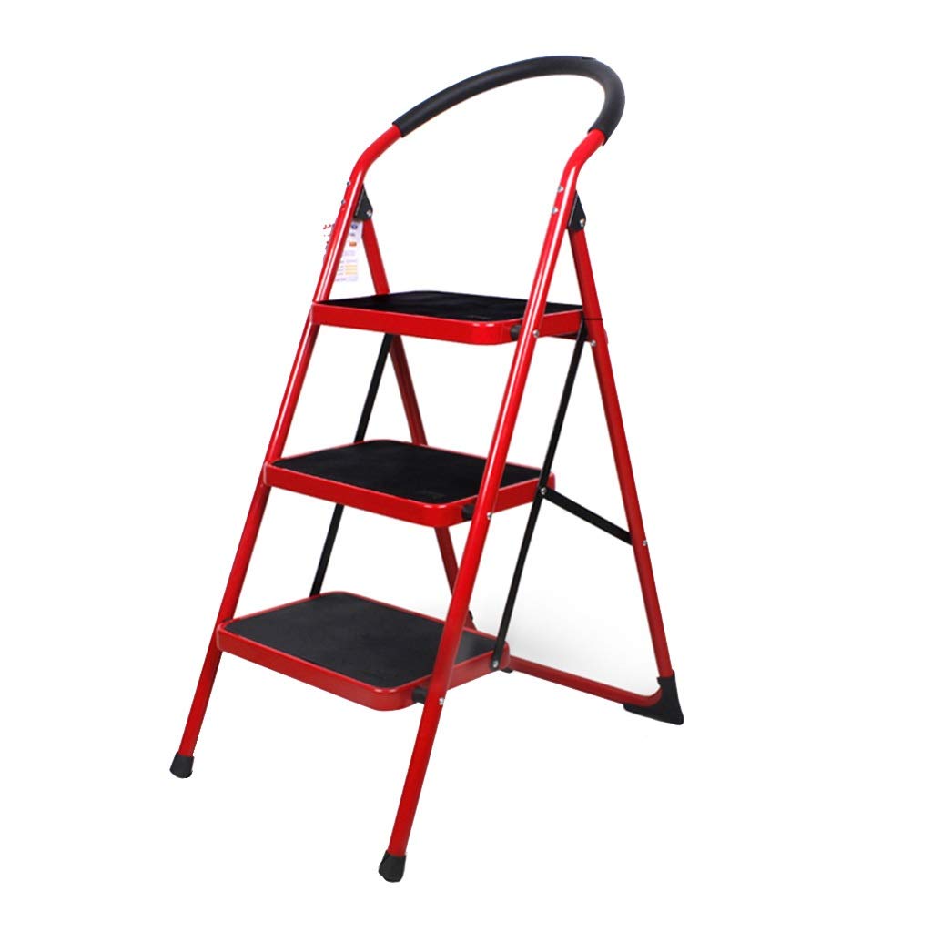 Step stool Folding Step Stool Mini Steel Step Ladders,with Anti-Slip Sturdy Wide Pedal and Portable Handle Lightweight, for Home Kitchen Office,red Step Ladders (Size : Three step ladder)