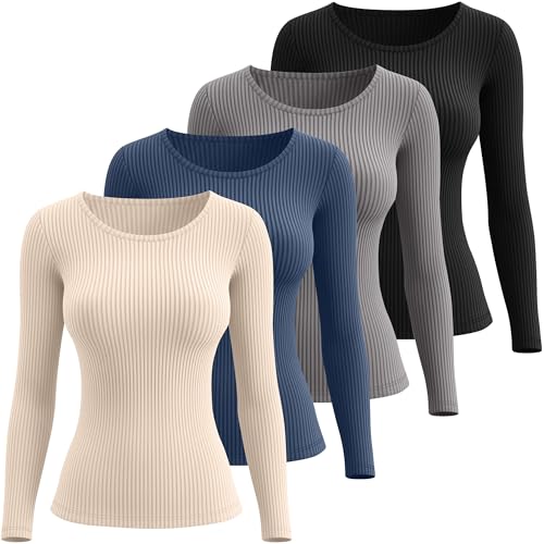 4 Pack Women's Long Sleeve Shirts, Crew Neck Ribbed Stretch Tees Slim Fit Fall Knit Tops Casual Basic Undershirts - Image 3
