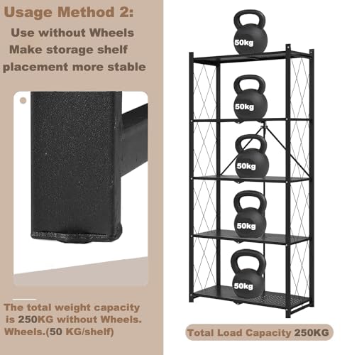 رف تخزين سميك قابل للطي من 5 طبقات مع عجلات من بينتيفار، بدون تجميع، ارفف ذات سعة كبيرة، عربة دوارة شديدة التحمل للمراب والمطبخ والقبو والمخزن (اسود، 5 طبقات)