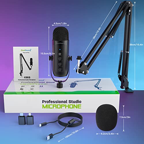 Image of zealsound Gaming Condenser Microphone, Podcast Mic with Boom Arm for Phone /PC /PS4 /PS5, USB Microphone for Recording /Streaming, Headphone Output, Mute Button, Echo Volume Gain Control(Dark Black)