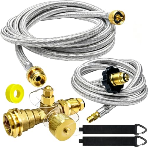4-Port Propane Brass Tee kit with 5FT and 12FT Stainless Braided Hose, Tee Adapter Kit Allows for...