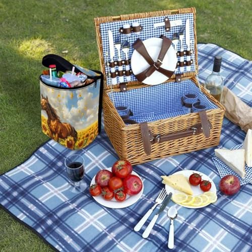Image of Talayituse Horse Sunflower Print Car Trash Can, Portable Auto Garbage Bin Multifunctional Vehicle Interior Accessories with Adjustable Straps Universal Fit Truck SUV Sedan