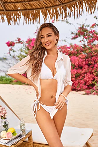 ZAFUL Women's Bikini Swimwear Cover Up Semi-Sheer V Neck Button Up Top Shirt Blouse Beachwear4