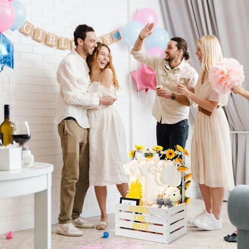 Image of Juexica Wooden Baby Shower Crate Closet, Sunflower Theme Baby Basket with Handle and Garland Letter, Storage Crate Hamper, DIY Basket for Pregnancy New Parent(White)