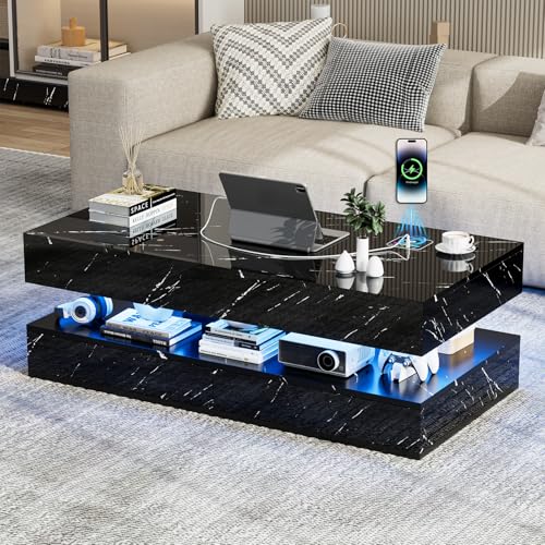 Smart LED Coffee Table with Wireless Charging, Dual Bluetooth Speakers, Touchscreen RGB Lights (Music Sync), 2 Storage Drawers, High Gloss Waterproof Center Table for Living Room, 47.2' (Black)