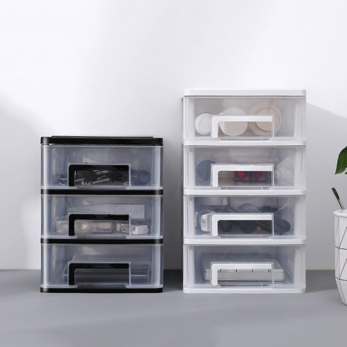 Artibetter Mobiletto Portaoggetti da Scrivania in Plastica Trasparente Bianco, Cassettiera 4 Cassetti, Organizer per Cosmetici e Piccoli Oggetti, Salvaspazio per Ufficio, Studio e Casa