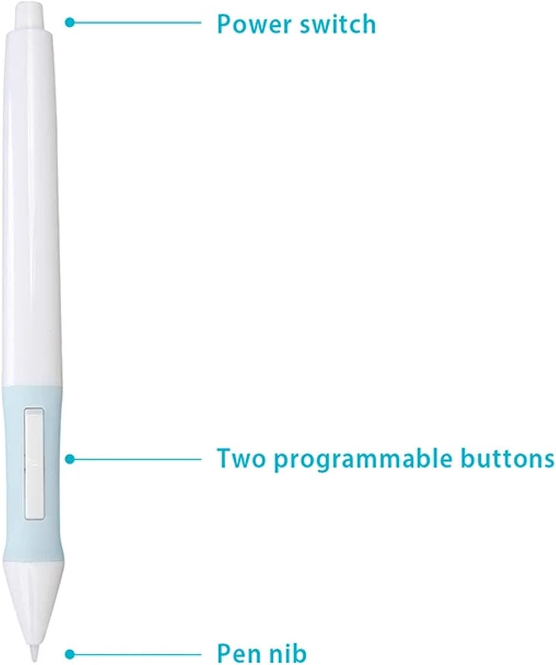 Diagram labeling the parts of the Dpofirs Digital Pen: power switch, two programmable buttons, and pen nib.