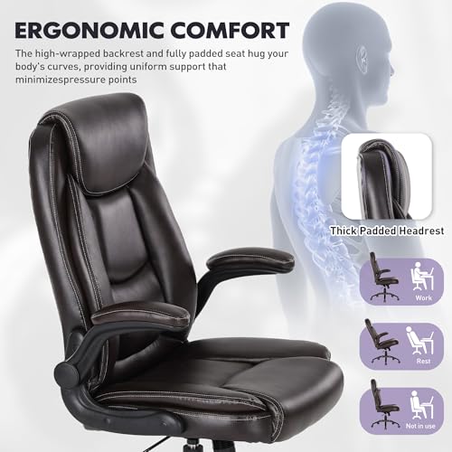 Image of 300lbs Capacity Executive Desk Chair Set of 2 with Ergonomic Lumbar Support, Flip-up Arms & High Back Leather Computer Chair for Home /Office, Brown