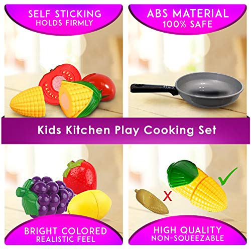 Cut Play Food Kitchen Accessories Set for Kids - Cutting Toy Fruits and Vegetables - Cooking Pot - Toy Knife & Cutting board - Play Utensils - Toddlers, Boys & Girls Fake Food Pretend Playset - Thumbnail 4