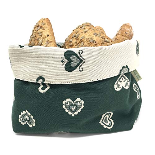Gaidra Cesto Pane Cestino Portapane in Tessuto Stoffa Doubleface in Stile Tirolese Montagna con Cuori - Sacchetto di Design Fatto con qualità Artigianale - 20 x 20 x 10 cm, Verde Doubleface