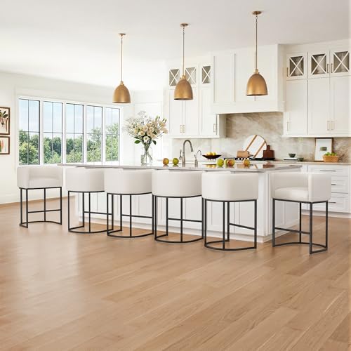 Image of LUE BONA 27 inch H Counter Height Bar Stools Set of 6, Modern Barrel Counter Stools with Backrest and Arms, Black Metal Frames, Faux Leather Upholstered Accent Barstools for Kitchen Island, Antique White
