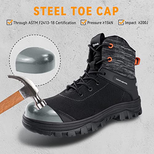 Andanda Steel Toe Boots For Men 6 Inch Indestructible Work Boots Puncture Proof Non Slip Construction Boots Breathable Comfortable Safety Work Boots, Size 9 Black #TOP2