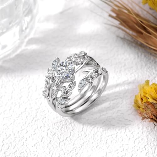 2 Carat(ctw) Heart-Cut Moissanite Engagement Rings Sets for Women,925 Sterling Silver Leaf Wedding Rings Sets,Bridal Ring Set for Anniversary Birthday3
