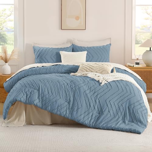 Image of Andency Greyish Blue California King Comforter Set, Boho Cal King Soft Warm Tufted Neutral Bedding Comforter Sets, 3 Pieces Cali King Aesthetic Chevron Farmhouse Cute Bohemian Textured Bedding Set