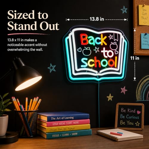 Image of Back to School Neon Sign, Classroom LED, 13.8 inch x 11 inchIN | Chalkboard Style, Typography with Apple & Stars, Study Room Decor, For Kids & Teachers
